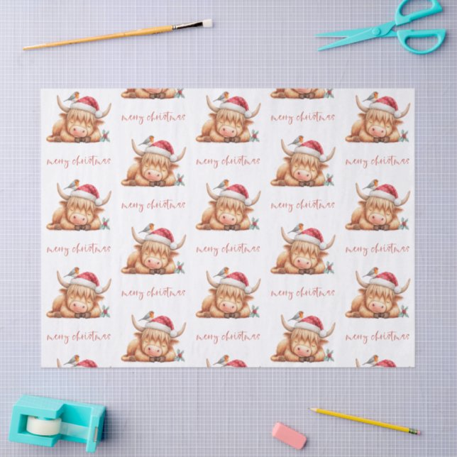 Santa Sleeping Highland Cow Script Merry Christmas Tissue Paper (Craft)