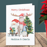 Santa Sleigh and Gnome Gonk Cute Personalized Kids Holiday Card<br><div class="desc">Personalized Christmas Card for kids with fully editable writing inside and out,  in whimsical typography. This cute design features a watercolor illustration of Santa with a sledge of gifts,  a gonk gnome,  reindeer moose and decorated Christmas tree. Please browse my store for coordinating gift wrap,  tags and stickers.</div>