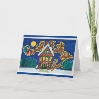 Santa, Sleigh and Reindeer Landing on the Rooftop Card