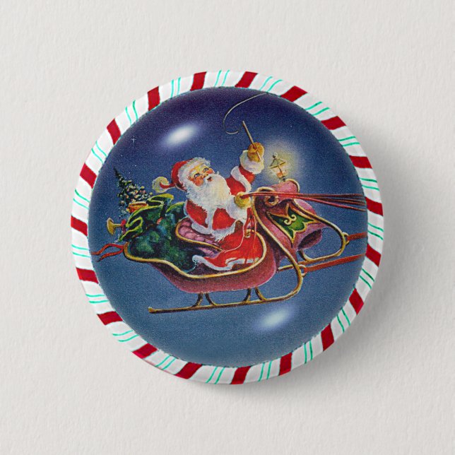 SANTA, SLEIGH & CANDY CANE WREATH 6 CM ROUND BADGE (Front)
