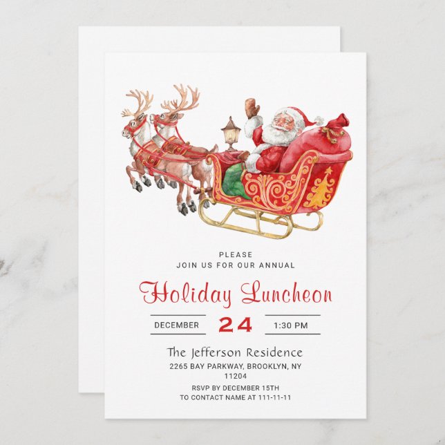 Santa Sleigh Christmas Holiday Luncheon Invitation (Front/Back)