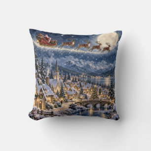 Santa Sleigh Christmas Mountain Village Cushion