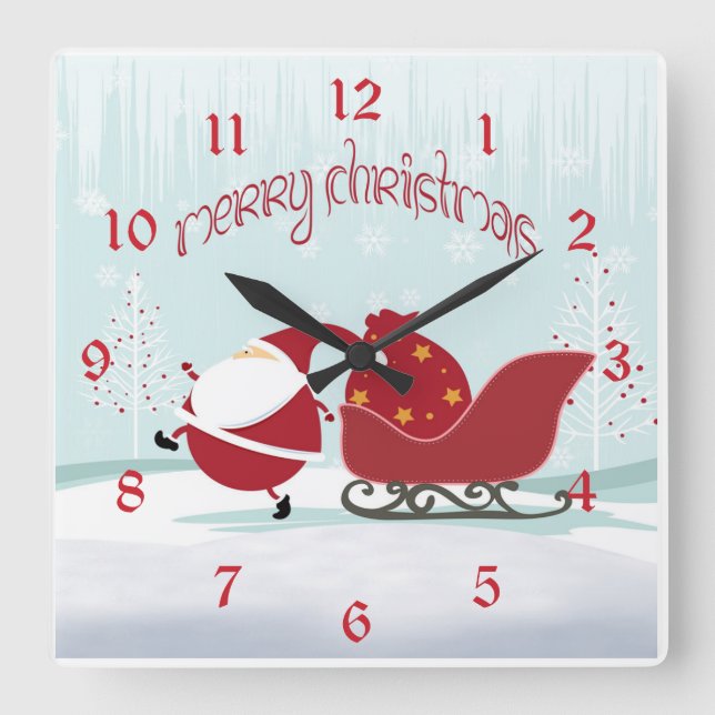 Santa Sleigh Christmas Square Wall Clock (Front)