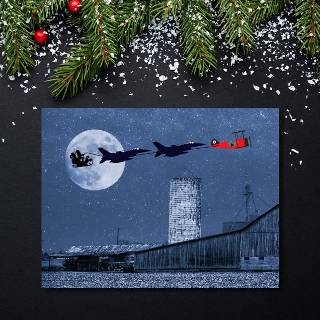 Santa, Sleigh, F-16 Jets and Red Biplane Christmas Holiday Postcard (Creator Uploaded)