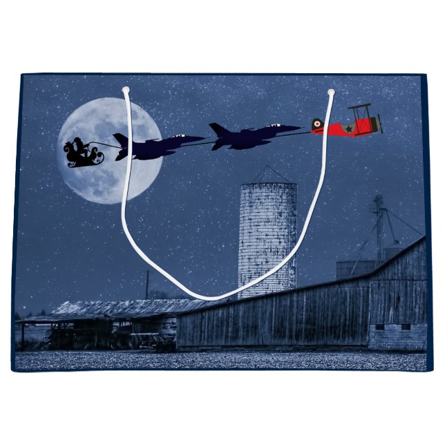 Santa, Sleigh, F-16 Jets and Red Biplane Christmas Large Gift Bag (Front)
