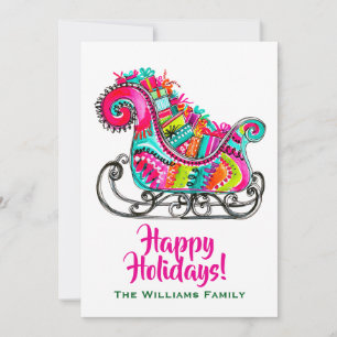 Santa Sleigh Happy Holidays Boho Cute Pink Holiday Card