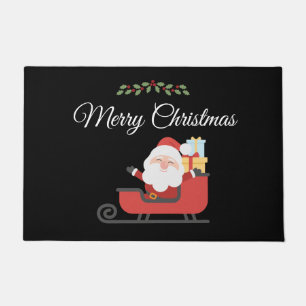 Santa Sleigh Holly Berry Merry Christmas Red Green Doormat