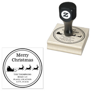 Santa Sleigh Merry Christmas And Custom Address Rubber Stamp