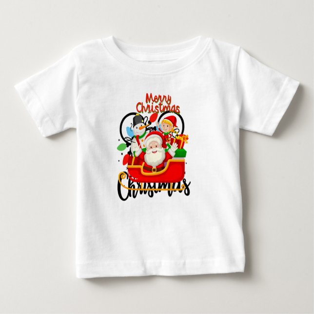 Santa Sleigh Merry Christmas Cartoon Baby T-Shirt (Front)