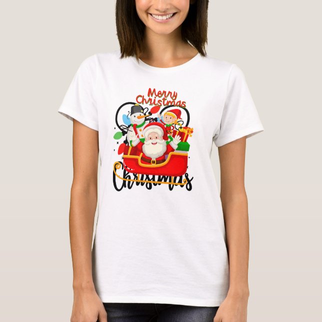 Santa Sleigh Merry Christmas Cartoon T-Shirt (Front)