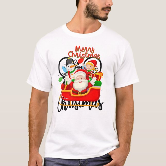 Santa Sleigh Merry Christmas Cartoon T-Shirt (Front)