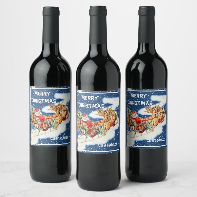 Santa Sleigh Merry Christmas Wine Label (Bottles)