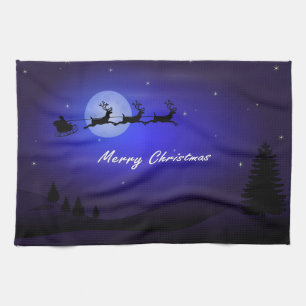 Santa Sleigh Moon Merry Christmas Tea Towel