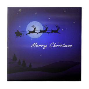Santa Sleigh Moon Merry Christmas Tile