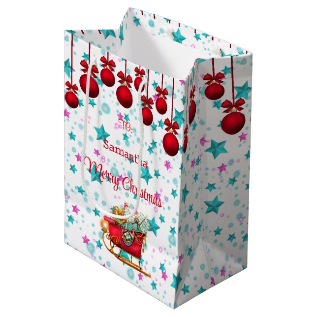 Santa Sleigh Pink Blue Christmas Stars Personalise Medium Gift Bag (Front Angled)