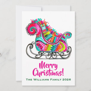 Santa Sleigh Pink Christmas Boho Holiday Card