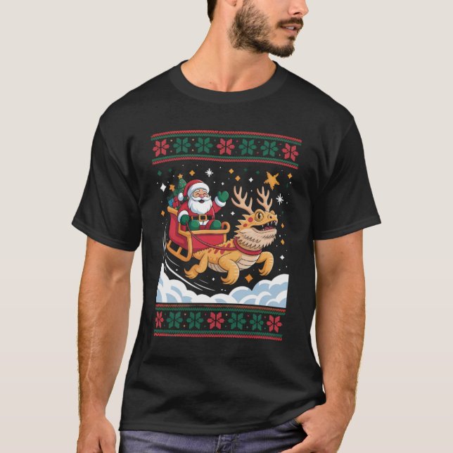 Santa Sleigh Pulled by Antlered Lizard T-Shirt (Front)