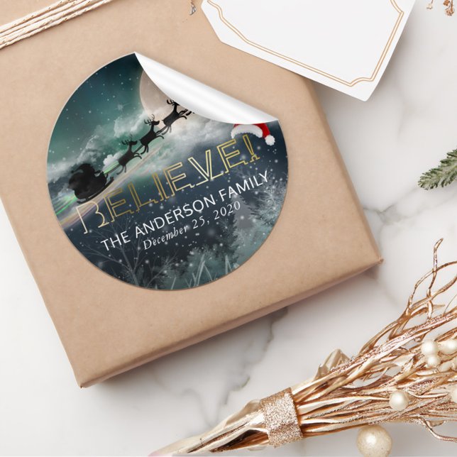 Santa Sleigh Reindeer Christmas BELIEVE Santa Hat Classic Round Sticker (Creator Uploaded)