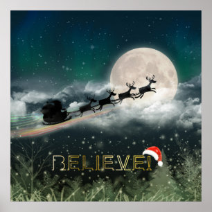 Santa Sleigh Reindeer Christmas Poster Paper