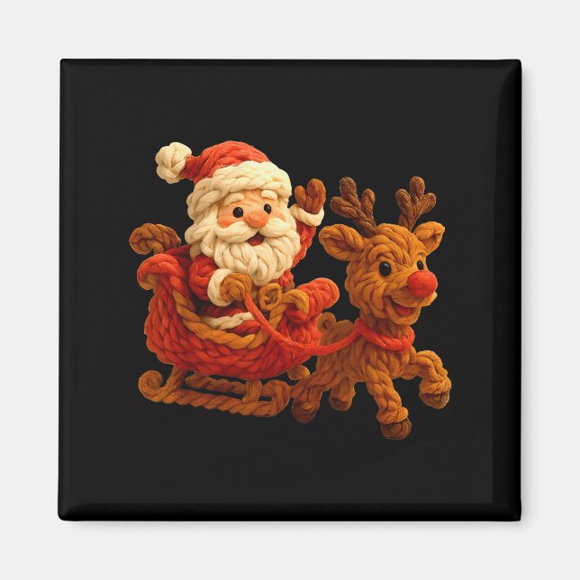 Santa Sleigh Reindeer Crochet Xmas Pajamas Holiday Magnet (Front)