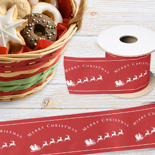Santa Sleigh Reindeer Elegant Red Christmas Satin Ribbon
