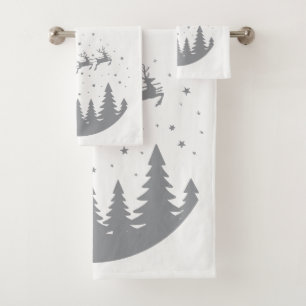 Santa Sleigh Reindeer Flying Over Treetops Gray Bath Towel Set