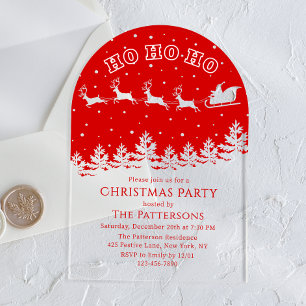 Santa Sleigh Reindeer Red Christmas Party Acrylic Invitations