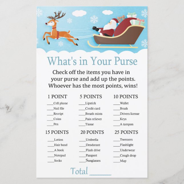 Santa Sleigh Reindeer What's in your purse game (Front)