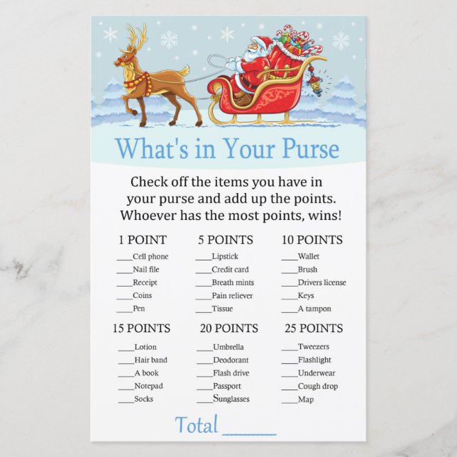 Santa Sleigh Reindeer What's in your purse game (Front)