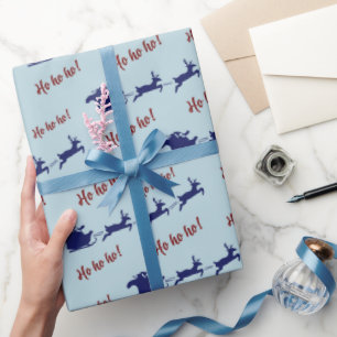 Santa Sleigh Reindeers Christmas Blue Seamless Wrapping Paper