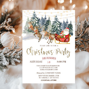  Santa,Sleigh,Reindeers,Forest Christmas Party   Invitation