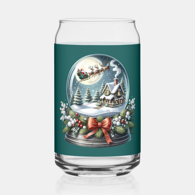 Santa Sleigh Ride in Snow Globe Wonderland Can Glass (Front)