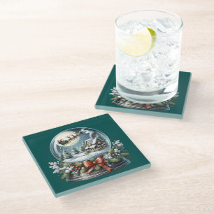 Santa Sleigh Ride in Snow Globe Wonderland Glass Coaster