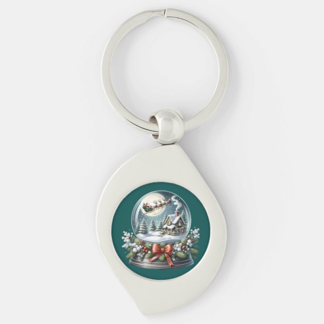 Santa Sleigh Ride in Snow Globe Wonderland Key Ring (Front)