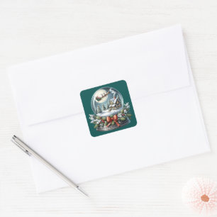 Santa Sleigh Ride in Snow Globe Wonderland Square Sticker