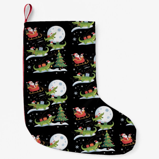 Santa Sleigh Riding Alligator Christmas Funny Xmas Small Christmas Stocking (Front)