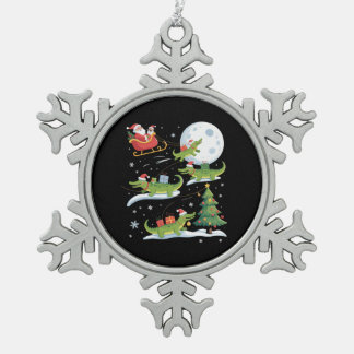 Santa Sleigh Riding Alligator Christmas Funny Xmas Snowflake Pewter Christmas Ornament