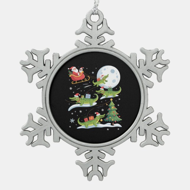 Santa Sleigh Riding Alligator Christmas Funny Xmas Snowflake Pewter Christmas Ornament (Front)