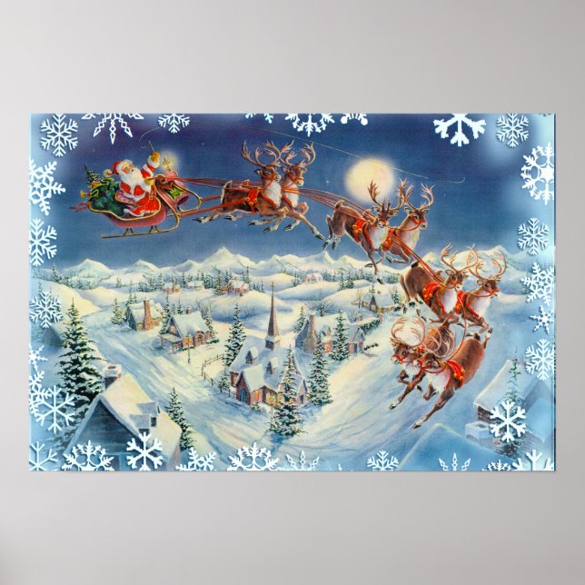 SANTA, SLEIGH  & SNOWFLAKES by SHARON SHARPE Poster (Front)