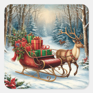 Santa Sleigh Through Snowy Christmas Forest Square Sticker