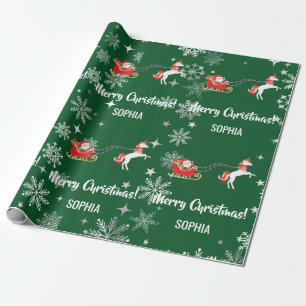 Santa Sleigh Unicorn Snowflakes Personalised Name Wrapping Paper