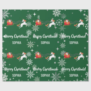 Santa Sleigh Unicorn Snowflakes Personalised Name Wrapping Paper