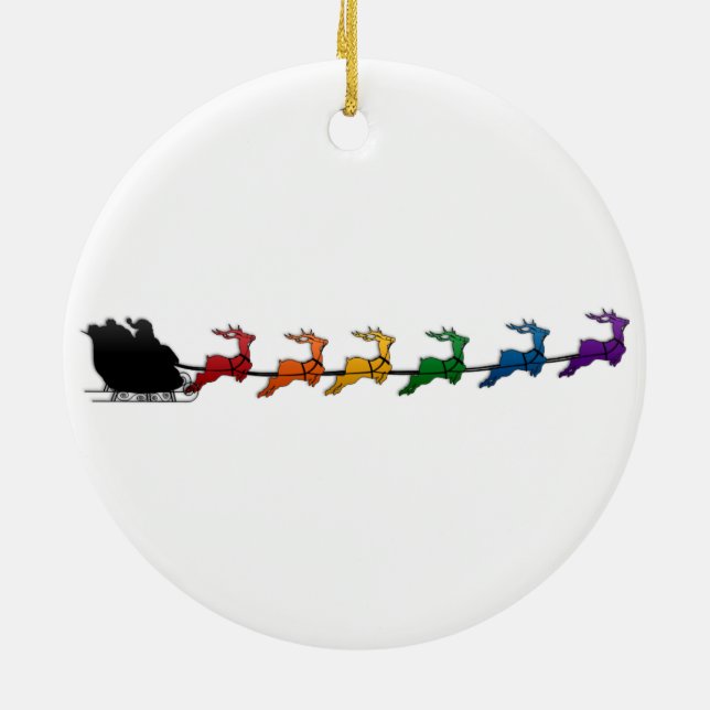 Santa Sleigh with Rainbow Reindeer Ceramic Ornament (Back)