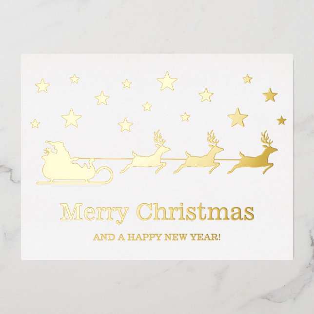 Santa Sleigh With Reindeers - Merry Christmas Foil Holiday Postcard (Front)
