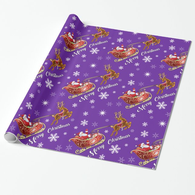 Santa & Sleigh Wrapping paper. Glossy purple Paper (Unrolled)