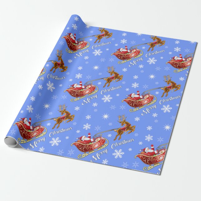 Santa & Sleigh Wrapping paper. Matt blue Paper (Unrolled)