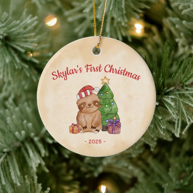 Santa Sloth First Christmas Ceramic Ornament (Tree)