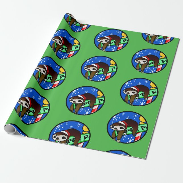 SANTA SLOTH PATTERN CHRISTMAS HOLIDAY SLOTHMAS WRAPPING PAPER (Unrolled)
