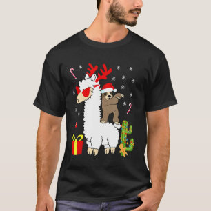 Santa Sloth Riding Llama Reindeer Santa Hat Christ T-Shirt