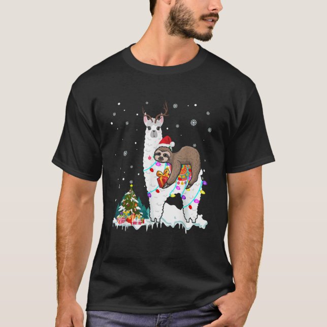 Santa Sloth Riding Llama Reindeer Xmas Light Lover T-Shirt (Front)